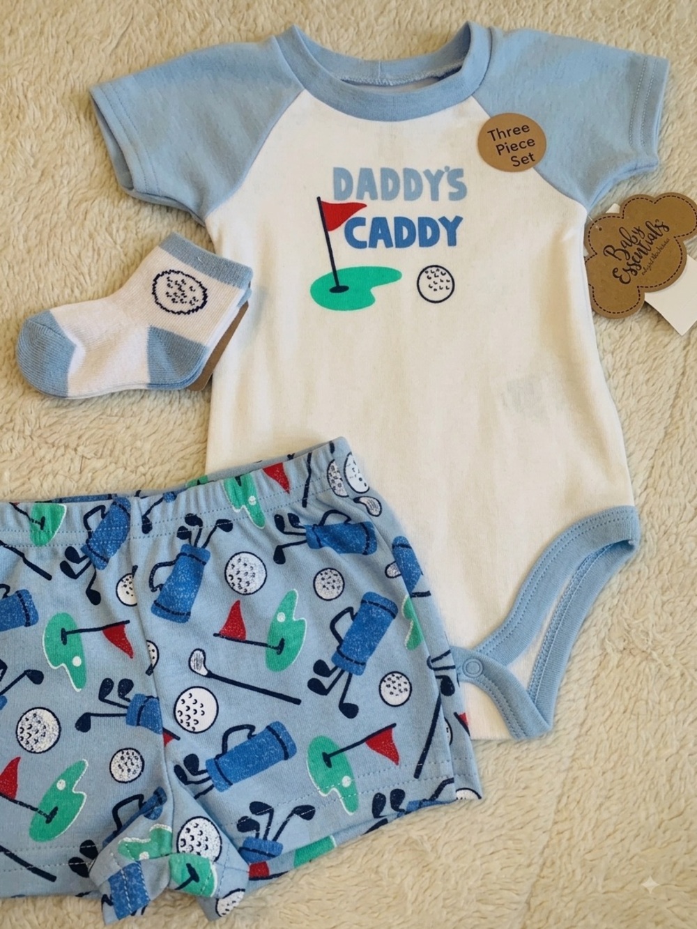 NWT Baby Essentials 3 pc Set Blue Daddy’s Caddy Golf Outfit w/ Socks 9M